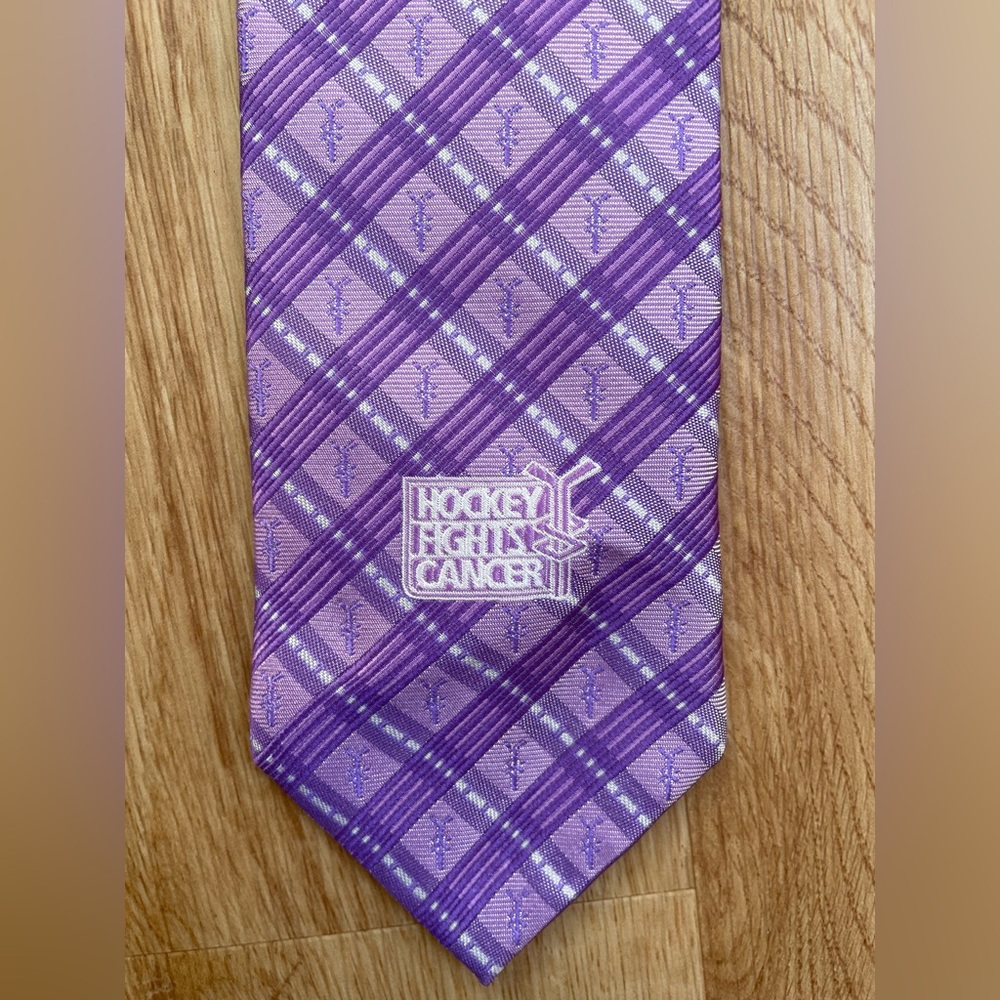 NHL Official Hockey Fights Cancer tie 100% silk purple plaid Heated Rivalry
